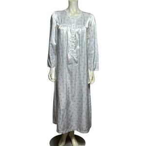 Vintage Satin Floral Nightgown, White with Pink Roses, Size Small
